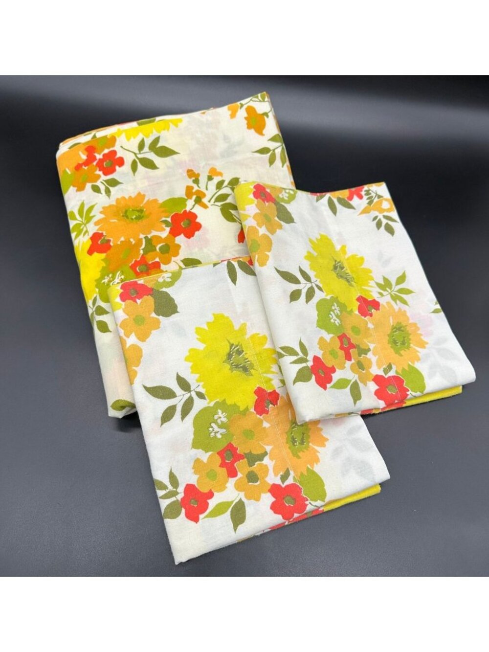 Vintage Twin Flat Sheet Pillowcases Set Daisy Flower Power Retro Fabric 1970s
